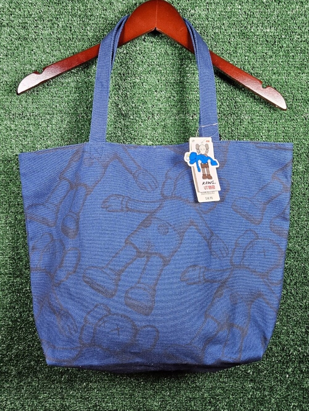 NWT Uniqlo × KAWS Navy Blue Canvas Tote Bag w/All-Over Character Print / 13"×17"